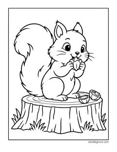 A squirrel sitting on a tree stump and nibbling a hazelnut, with two cracked nut shells beside it and grass
