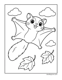 A flying squirrel gliding with its arms and legs spread wide, with three clouds and two maple leaves
