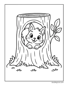 A squirrel peeking out of a hole in a tree stump, with a leafy twig and grass