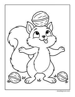 A squirrel standing with its arms out and balancing a walnut on its head, with two walnuts on the ground