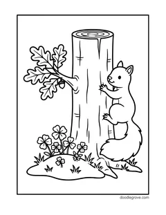 A squirrel climbing a tree trunk toward an oak branch with one acorn, with clover growing at the base
