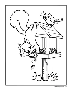 A squirrel hanging upside down from the roof of a wooden bird feeder and grabbing seeds, with a surprised bird on the roof and seeds falling