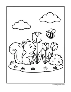A small squirrel with closed eyes smelling a tulip, with two more tulips, a bee, a bush and two clouds