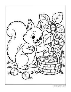 A squirrel picking hazelnuts from a leafy bush and putting them into a woven basket, with two hazelnuts on the grass