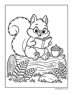 A squirrel in round glasses sitting on a log and reading a book, with an acorn-shaped mug, ferns and a rock