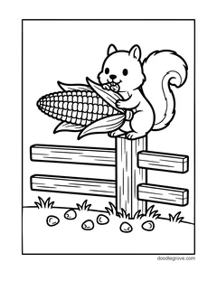 A squirrel sitting on a fence post and eating a big ear of corn, with kernels on the ground