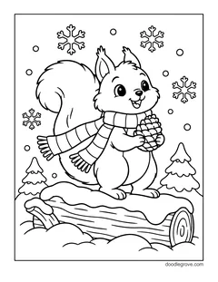 A squirrel in a striped scarf holding a pine cone on a snow-covered log, with snowflakes and small snowy pine trees