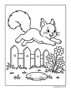 A squirrel leaping over a picket fence, with daisies, grass and a stepping stone