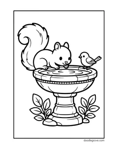 A squirrel leaning down to drink from a stone birdbath next to a small bird, with leafy plants at the base