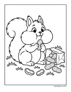 A squirrel with round stuffed cheeks holding a peanut, next to a tipped-over bag of peanuts and more peanuts on the grass