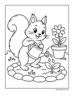 A squirrel watering a seedling with a watering can in a garden bed ringed with stones, next to a flower in a pot