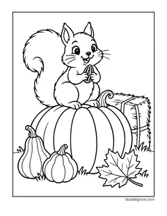 A squirrel sitting on a big pumpkin and holding a seed, with two gourds, a hay bale and a maple leaf