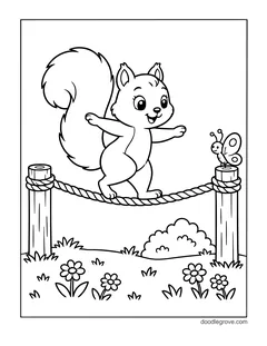 A squirrel walking along a rope tied between two posts with its arms out, with a butterfly on a post, a bush and flowers