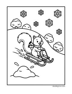 A squirrel in a scarf riding a sled down a snowy hill, with snowflakes and snow-topped bushes