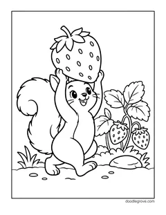 A squirrel walking and holding a giant strawberry over its head, beside a strawberry plant with three berries and a rock