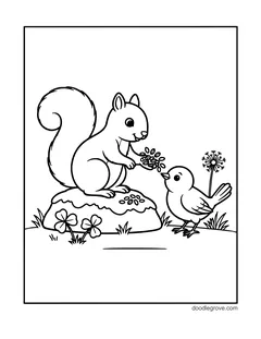 A squirrel on a mossy rock holding out a pawful of seeds to a small bird, with clover and a dandelion