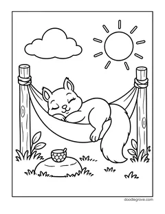 A squirrel asleep in a hammock tied between two posts, under a sun and a cloud, with an acorn-cap cup on a rock