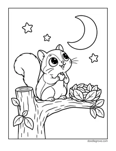 A flying squirrel with big eyes sitting on a tree branch and holding a berry beside a leaf nest, under a crescent moon and three stars