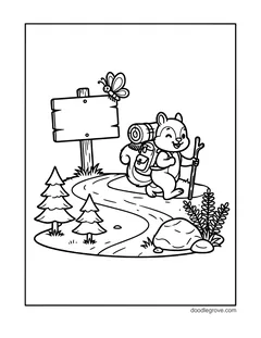 A squirrel with a backpack and a walking stick hiking along a path past a blank wooden signpost, with a butterfly, pine trees, a rock and a fern