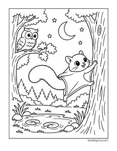 A flying squirrel gliding to a tree trunk at night while an owl watches from a branch, with a crescent moon, stars, pine trees and a pond with lily pads