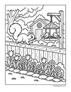 A squirrel running along the top of a garden fence toward a hanging bird feeder with two birds, with a shed, trees, tulips and daisies