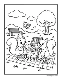 Two squirrels holding acorns on a checkered picnic blanket with a basket, a plate of strawberries, a sandwich and a plate of acorns, with a park bench, a tree and a butterfly