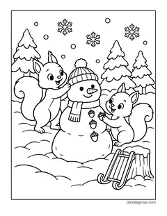 Two squirrels building a snowman in a knit hat and scarf with acorns for buttons, with a sled, a snowy stump, pine trees and snowflakes