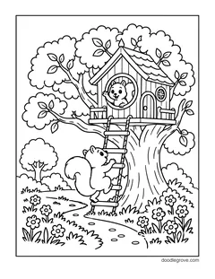 A squirrel climbing a rope ladder to a treehouse where another squirrel waves from a round window, with flowers, bushes and a path