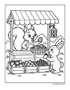 A squirrel in an apron selling nuts from a market stand with a striped awning to a bunny holding a coin purse, with a basket, three crates of acorns, nuts and berries and a lantern
