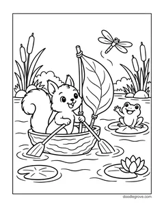 A squirrel rowing a walnut-shell boat with a leaf for a sail across a pond, with a frog waving from a lily pad, a dragonfly, cattails and a water lily
