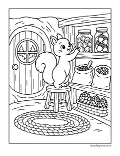 A squirrel standing on a stool and reaching for a jar of nuts on pantry shelves, with a jar of acorns, two sacks of seeds, a basket of pine cones, a round door and a braided rug
