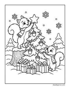 Two squirrels in scarves decorating a Christmas tree with acorn ornaments and a bead garland, one placing a star on top from a snowy stump, with presents and snowflakes