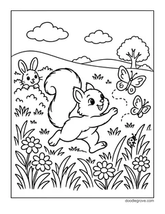 A squirrel running through a flower meadow after two butterflies while a bunny peeks out of a bush, with a ladybug, a tree and clouds