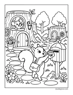 A squirrel with a mail bag putting an acorn tied with a bow into a mailbox, while a mouse waves from the window of a tree-stump house, with stepping stones, flowers and trees