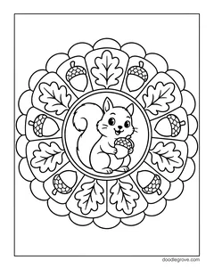 A round mandala with a squirrel holding an acorn in the center, ringed by oak leaves, acorns and scalloped edges