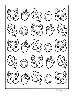 Rows of squirrel faces, acorns, oak leaves and hazelnuts spread across the page