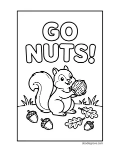 The words Go Nuts! above a squirrel holding a walnut, with three acorns and two oak leaves on the grass