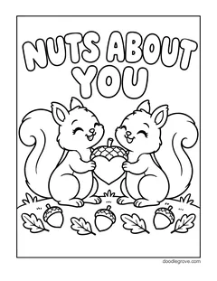 The words Nuts About You above two smiling squirrels holding a heart-shaped acorn together, with acorns and oak leaves