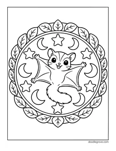 A flying squirrel gliding in the center of a circle of stars and crescent moons, with a border of leaves
