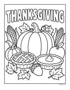 The word Thanksgiving over a big pumpkin, pies, corn, an apple, an acorn and fall leaves