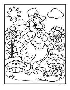 A turkey in a pilgrim hat standing between sunflowers, with pies, a bowl of carrots and a smiling sun