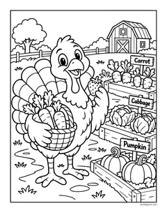 A turkey holding a basket of vegetables next to garden boxes labeled Carrot, Cabbage and Pumpkin, with a red barn behind