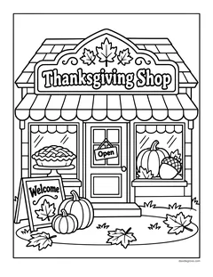 A little shop with a Thanksgiving Shop sign, pies and pumpkins in the windows, an Open sign and a Welcome board