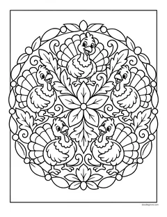 A round mandala with five turkeys, leaves and swirls around a flower in the middle