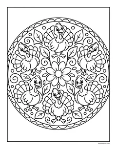 A circle of seven small turkeys among leaves, flowers and swirls