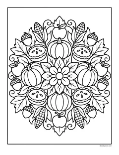 A round mandala made of pumpkins, pies, corn, apples, acorns and leaves around a flower