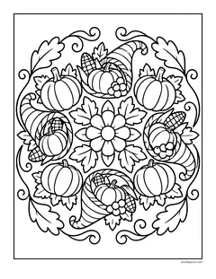 A round mandala of cornucopias, pumpkins, corn and leaves around a flower