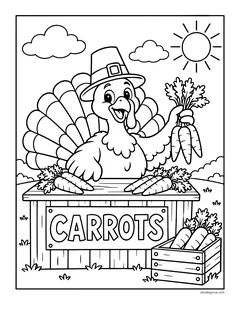 A turkey behind a farm stand with a Carrots sign, bunches of carrots and a crate, under the sun