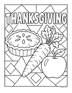 The word Thanksgiving above a pie, a carrot and an apple on a background of diamond shapes