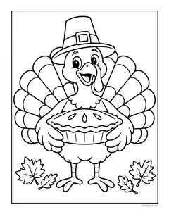 A turkey in a pilgrim hat holding a pie with its tail fanned out, with maple leaves